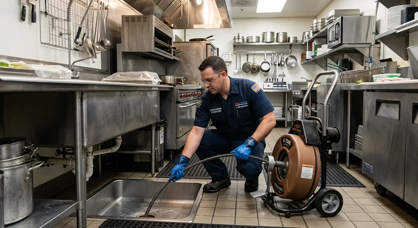 Commercial drain cleaning service in a restaurant kitchen in Marshall